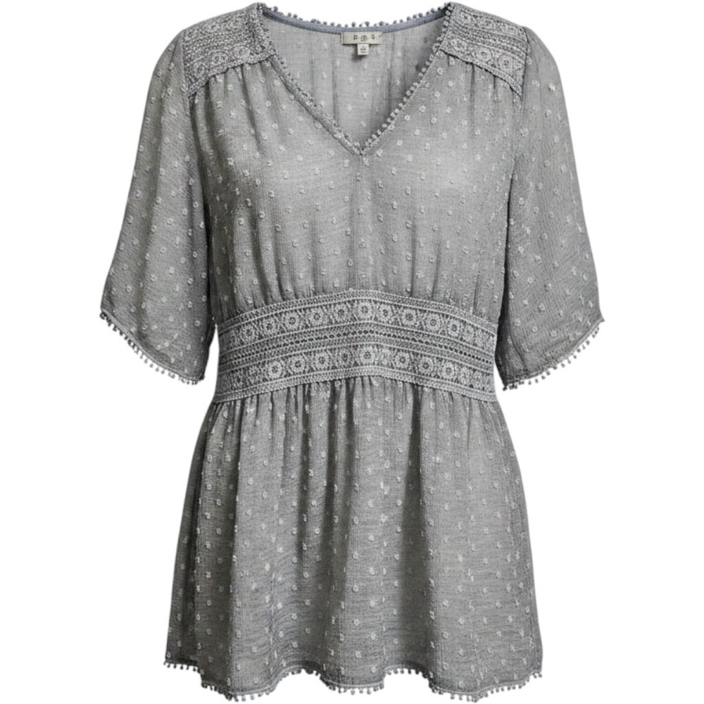 POL Babydoll Top Women Medium Grey Swiss Dot Crochet Lace Boho Pom Pom Trim NWT